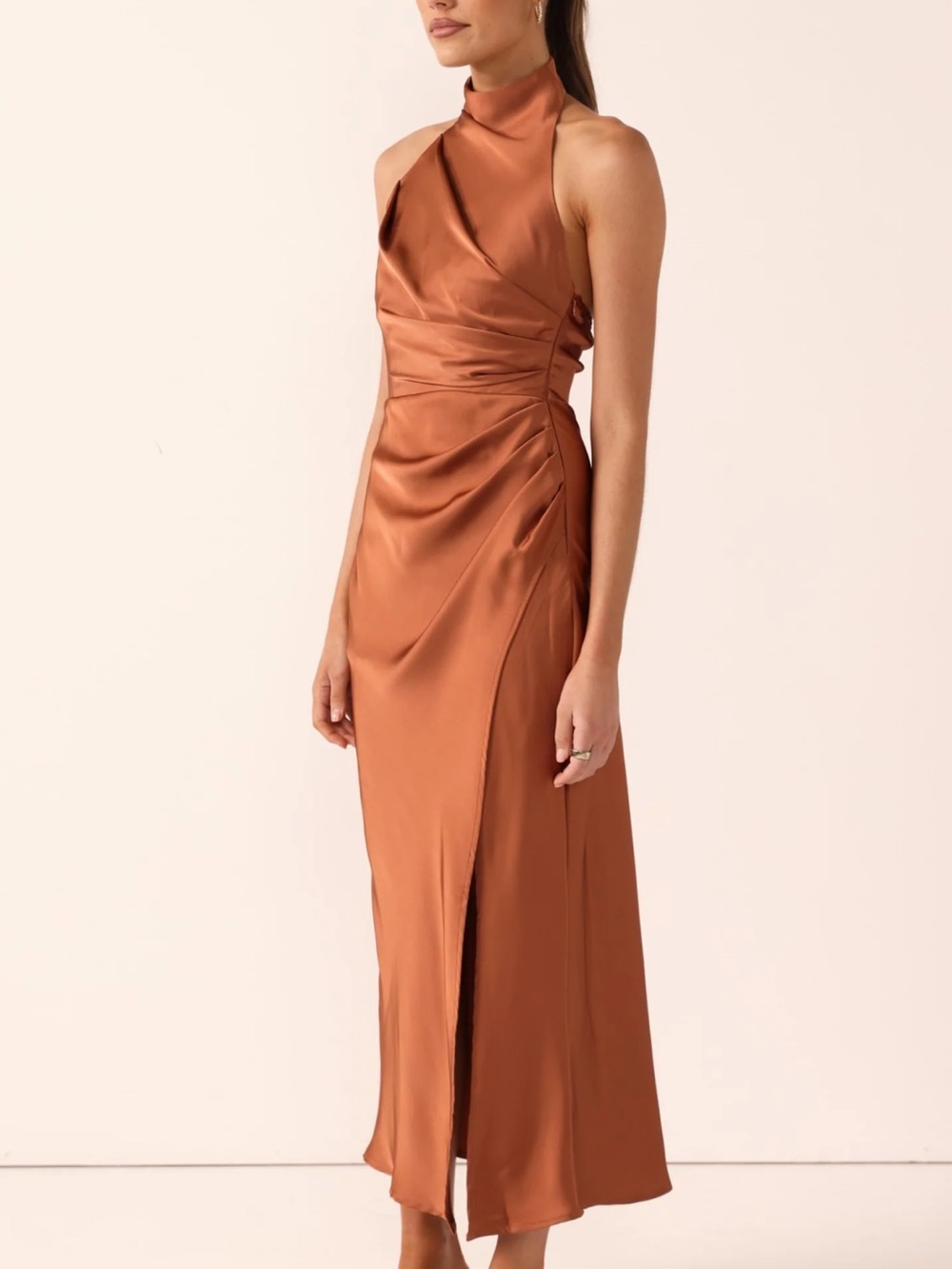 One-Shoulder Satin Maxi Dress in Copper